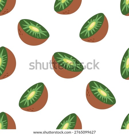 Kiwi fruit seamless pattern in flat hand-drawn style. Vector background with half kiwi fruit slices for healthy food packaging, organic market textile, kitchen wallpaper and summer cafe decor. Isolated on white background.