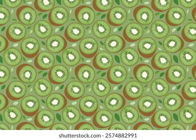 Kiwi fruit seamless pattern on green background. Vector illustration.