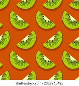 Patrón sin fisuras de la fruta de Kiwi. Frutas verdes de jugo fresco y mullidas.Diseño moderno y luminoso, frutas exóticas con un fondo naranja. Ilustración vectorial para papel tapiz, textil, web, aplicación, impresión, estuche, papel envolvente