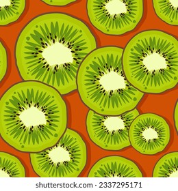 Patrón sin fisuras de la fruta de Kiwi. Frutas verdes de jugo fresco y mullidas.Diseño moderno y luminoso, frutas exóticas con un fondo naranja. Ilustración vectorial para papel tapiz, textil, web, aplicación, impresión, estuche, papel envolvente