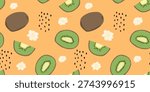 Kiwi fruit seamless pattern with slices and flowers on orange background. Tropical exotic food vector illustration for packaging.