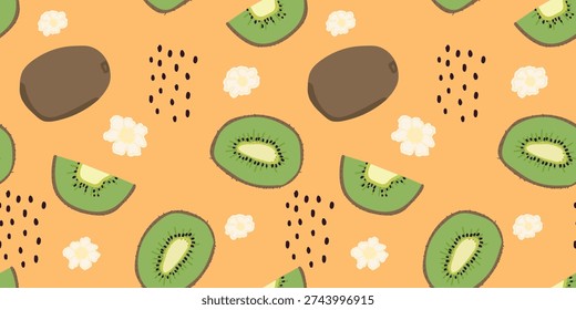 Kiwi fruit seamless pattern with slices and flowers on orange background. Tropical exotic food vector illustration for packaging.