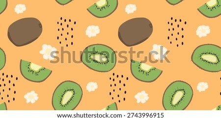 Kiwi fruit seamless pattern with slices and flowers on orange background. Tropical exotic food vector illustration for packaging.