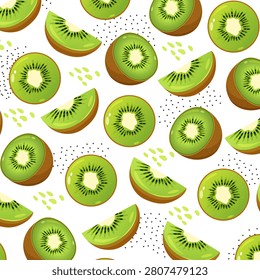 Kiwi Fruit Seamless Pattern Vector Illustration, Fresh Exotic Kiwi with Halves and Slices Fruits, Repeating Background for Healthy Food Packaging, Textile Design and Wrapping Paper.