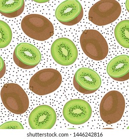 Kiwi fruit seamless pattern whole and piece with seed on white background, Vector illustration