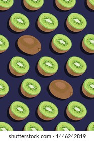 Kiwi fruit seamless pattern whole and piece with shadow on navy blue background, Vector illustration