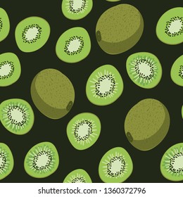Kiwi fruit seamless vector pattern with whole and cut green kiwis.