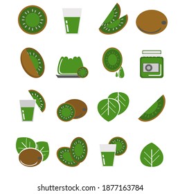 Kiwi fruit set, whole and halves, sliced and in the form of products such as jelly, juice, drink, jam, icon set for design vector illustration