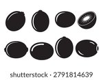 Kiwi fruit silhouette black vector icons set featuring distinctive seed patterns, radial cut slices, and textured whole fruits.
