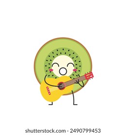 Kiwi fruit slice cute character cartoon plays the guitar sings face cheerful kawaii happy emotions icon vector illustration.