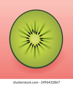 Kiwi fruit slice with green flesh black seeds on pink gradient background