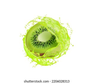 Kiwi fruit slice with juice splash. Isolated vitamin juicy drink twirl with flying bubbles, healthy beverage realistic vector swirl or flow splatters. Kiwi fruit fresh juice splash or whirl ripples