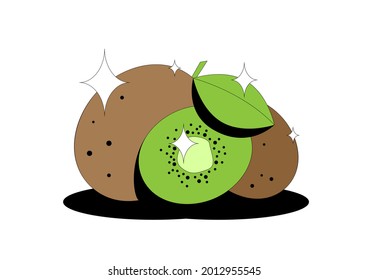 Kiwi fruit. Сut slice and leaves with kiwi fruit isolated on white background. For packaging design, advertising of detergents, sweets, food, for cover, print. Vector illustration.