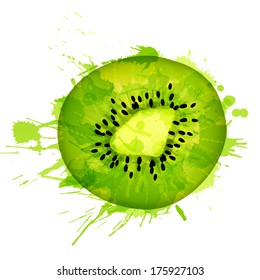 Kiwi fruit slice made of colorful splashes on white background