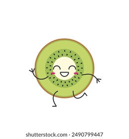 Kiwi rebanada de fruta corriendo lindo personaje de dibujos animados cara sonriente jugoso dulce kawaii feliz emociones icono Ilustración vectorial.