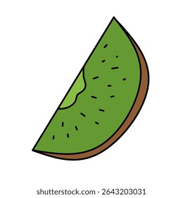 uma fatia de kiwi com a polpa verde e as sementes pretas. A imagem é desenhada em um estilo simples de desenho animado com linhas limpas e um fundo branco.