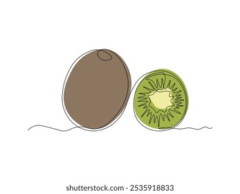 kiwi fruta e uma fatia, desenho de arte de linha única contínua esboço, logotipo