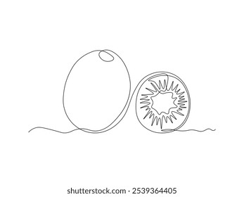 kiwi fruta e uma fatia, desenho de arte de linha única contínua esboço, logotipo