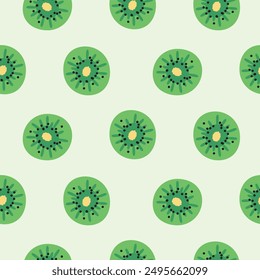 Kiwi fruit slices tropical seamless pattern on green background. Cartoon flat minimal summer concept. Juicy fabric and wallpaper print design.