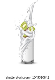 Kiwi fruit splashing into the glass with milk yogurt swirl. Kiwi slices falling in the cup. Vector.