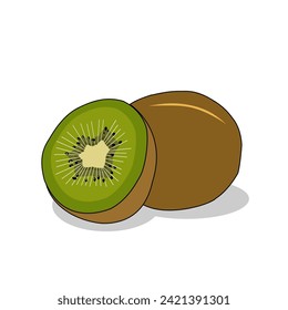 Kiwi fruit vector design new version in cartoon style. Kiwifruits vector illustration isolated on white background. Realistic 3d icon element.Whole,half and slice fresh sweet fruit icons set.Editable 