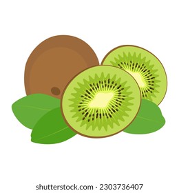 Kiwi fruit vector illustration isolated on white background. Whole fruit, half and leaves.