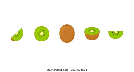 Conjunto de vetores de frutas Kiwi. Sinal de kiwi isolado. Ilustração de fruta orgânica madura suculenta. Fruta cortada ao meio e fatia.