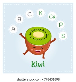 Kiwi fruit vitamins and minerals. Funny fruit character. Healthy food illustration
