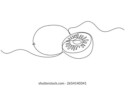 Kiwi fruit whole and a half in continuous line art drawing style, Continuous line drawing of kiwi. Minimalist design for kiwi fruit and refreshment themes.