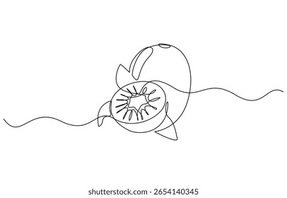 Kiwi fruit whole and a half in continuous line art drawing style, Continuous line drawing of kiwi. Minimalist design for kiwi fruit and refreshment themes.