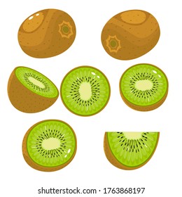 Kiwi fruit. Whole and pieces. Sweet fruit. 3d vector icons set. Realistic illustration