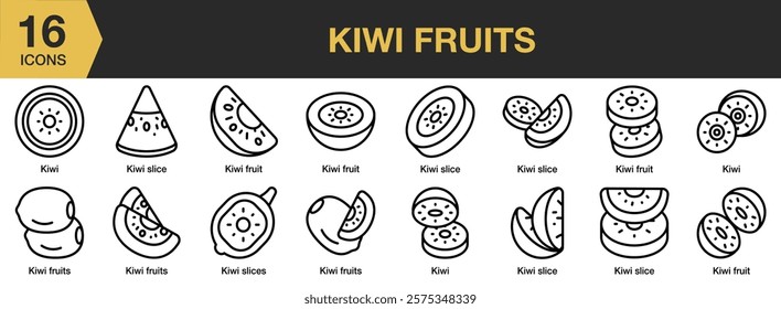 Kiwi Fruits icon set. Includes Food, Fruit, Half, Juice, Kiwi, Slice, and More. Outline icons vector collection.