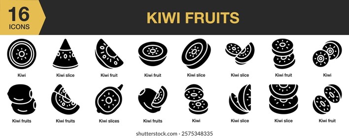 Kiwi Fruits solid icon set. Includes Food, Fruit, Half, Juice, Kiwi, Slice, and More. Solid icons vector collection.