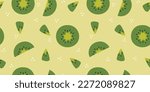 Kiwi fruits vector seamless pattern. Green kiwi fruit decorative background. Tropical fresh kiwi vector design for fabric, paper, wallpaper, cover, interior decor, and other use. Vector illustration