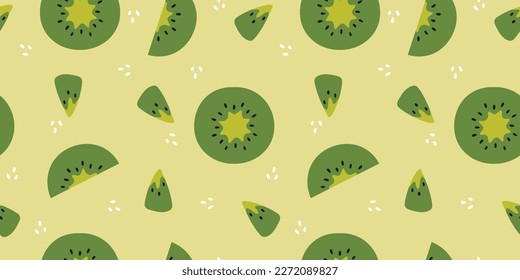 Kiwi fruits vector seamless pattern. Green kiwi fruit decorative background. Tropical fresh kiwi vector design for fabric, paper, wallpaper, cover, interior decor, and other use. Vector illustration