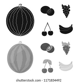 Kiwi, grapes, cherry, banana.Fruits set collection icons in black,monochrome style vector symbol stock illustration web.