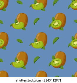 Kiwi con hojas verdes sin costura. Ilustración vectorial plana