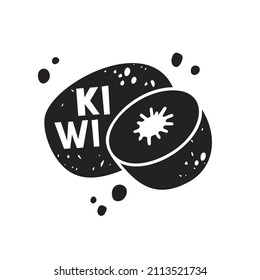 Kiwi grunge sticker. Black texture silhouette with lettering inside. Imitation of stamp, print with scuffs. Hand drawn isolated illustration on white background