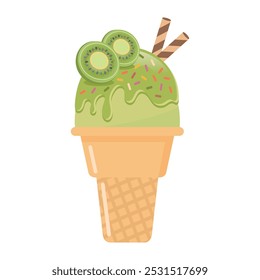 Kiwi ice cream cone with wafer rolls vector illustration. Fresh fruit and sweet dessert.