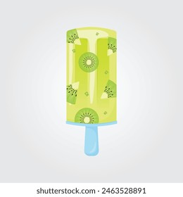 Kiwi ice cream, fruit popsicle on a blue stick with kiwi pieces. Summer cold dessert, fruit ice. Vector illustration EPS 10