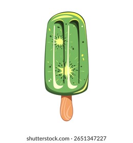 Kiwi ice cream, fruit popsicle on a wooden stick with kiwi pieces. Summer cold dessert, frozen juice.Vector illustration.