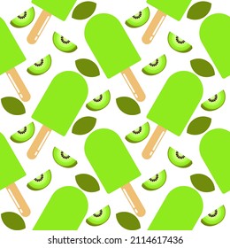 kiwi ice cream seamless pattern in bright green color on white background