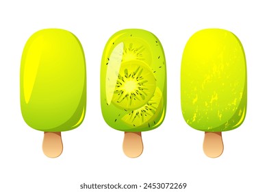 Kiwi ice cream set, fruit popsicle on a wooden stick with kiwi pieces. Summer cold dessert, frozen juice, fruit ice. Vector illustration.