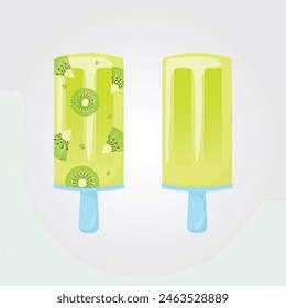 Kiwi ice cream set.  Fruit popsicle on a blue stick with kiwi pieces. Summer cold dessert,  fruit ice. Vector illustration EPS 10
