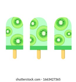 Kiwi Ice Cream with kiwi slides inside design in three styles, vector Illustration, on a white background,