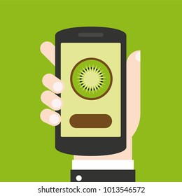 Kiwi icon on smartphone screen. Hand holding smartphone. Modern flat design elements for web sites, web banners, etc. Vector illustration
