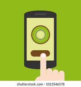 Kiwi icon on smartphone screen. Finger touching screen. Modern flat design elements for web sites, web banners, etc. Vector illustration