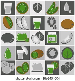 Kiwi icons set on gray background. whole fruit and half, with and without leaves, options for use in the form of jam or juice vector illustration