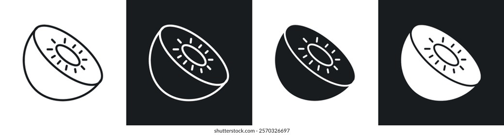 Kiwi icons vectors set in black. line and flat versions