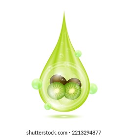 Kiwi inside water droplets green shining with oxygen bubbles isolated on white background. Serum vitamin collagen used for products skincare cosmetic. Realistic 3d vector EPS10.